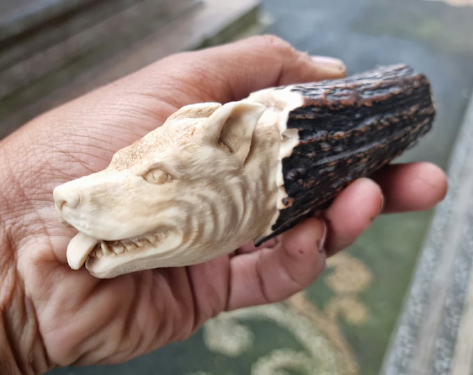 Deer antler carving dog face for knife handle