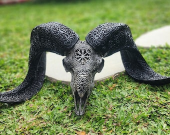 Hand Carved Ram Skull Wall Decor with Viking Design and black Horns