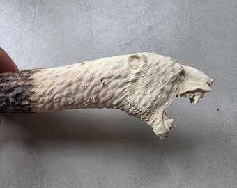 Hand Carved Deer Antler Knife Handle – Bear Head Design | for Custom Knife