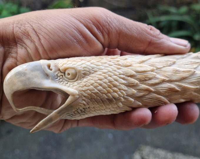 Deer antler carving for knife handle eagle