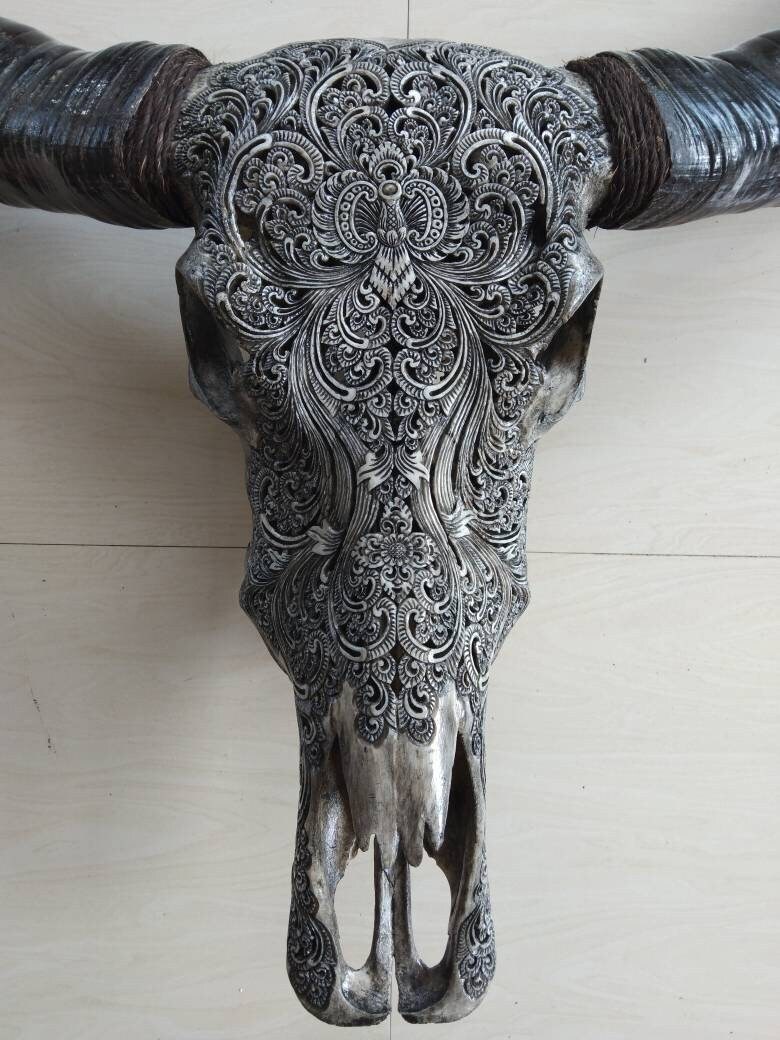 Carve buffalo skull carving floral grey