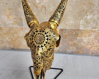Carve goat skull carving mandala gold