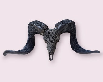 carved ram skull with carved horn carving mandala grey