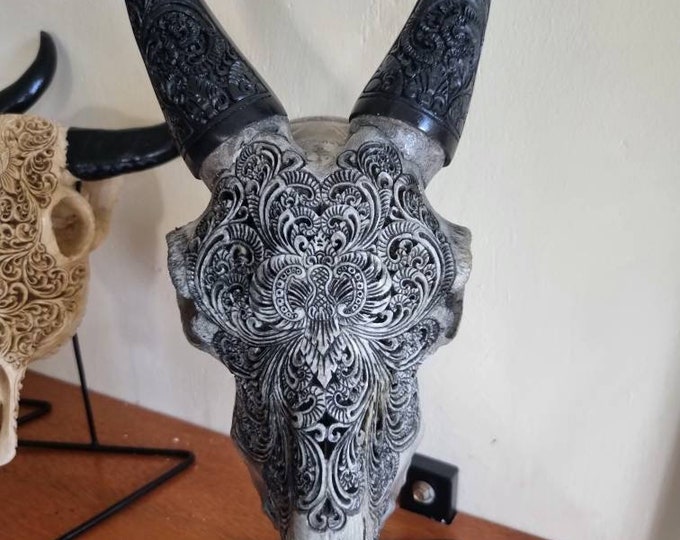 Carve goat skull carving floral grey