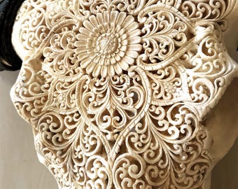 Buffalo Skull Mandala Wall Art – Intricate Floral Bone Carving, Boho Tribal Home Decor