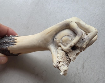 Hand-Carved Deer Antler Handle – Skull with Hand Design | Unique Bone & Horn Art | Gothic, Tribal, Boho Decor