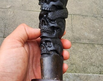 Buffalo Horn Skull Snake Sculpture: Gothic Dark Art Carving