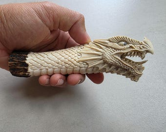 Hand Carved Dragon antler Knife Handle Custom Fantasy Grip