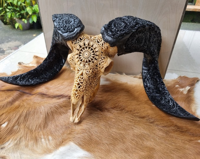 ram skull carving round with carved horn decor