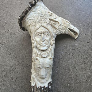 Hand-Carved Antler Cane Handle – Eagle, Wolf & Native Elder Design