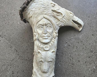 Hand-Carved Antler Cane Handle – Eagle, Wolf & Native Elder Design