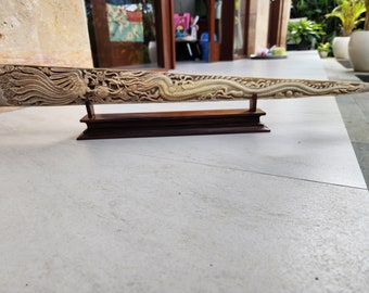 Hand-Carved Swordfish Art – Intricate Dragon & Phoenix Design