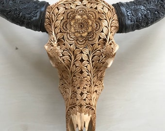 Carve buffalo skull carving mandala leaf with carved horn