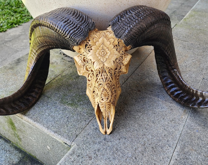 Ram Skull Carving – Handcrafted Floral Design, Boho Wall Art, Unique Animal Skull Décor