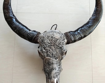 Dragon Carved Buffalo Skull Mythical Creature Carving | Rustic Boho Wall Hanging | Ethical Bone Decor