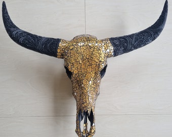 SKULL art glass mosaic gold buffalo skull