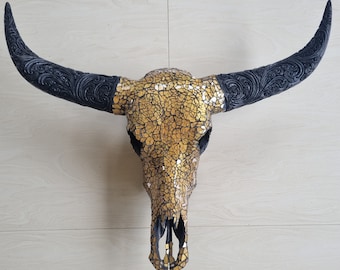 SKULL art glass mosaic gold buffalo skull