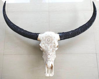 Hand Carved Buffalo Skull Art – Mandala Ethnic Wall Sculpture with carved horn