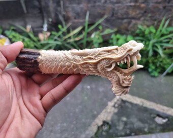 Moose antler carving dragon knife handle