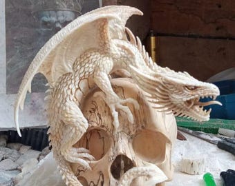 Hand-Carved Skull with dragon Sculpture –wooden and deer antler – Gothic Decor Figurine