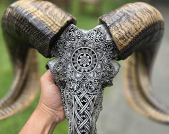 Hand Carved Ram Skull Mandala – Tribal Bone Art, Boho Gothic Decor