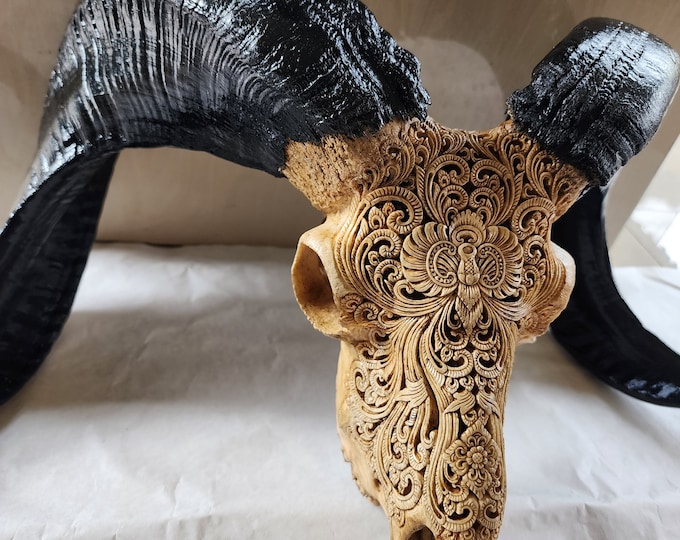 carve goat skull carving floral antique
