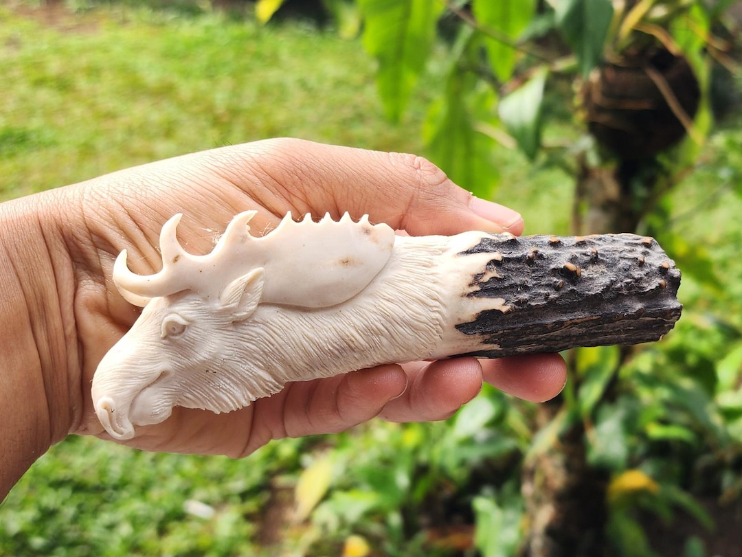 手彫りのムースヘッドナイフハンドル - 本物の鹿の角のカスタム 