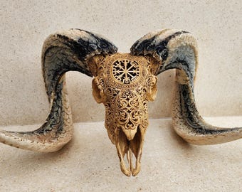 手彫りの雄羊の頭蓋骨：ブラウンアンティークホームデコレーション
