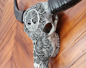 Hand-carved buffalo skull wall decor – Tree of Life motif – Gray finish – large wall hanging
