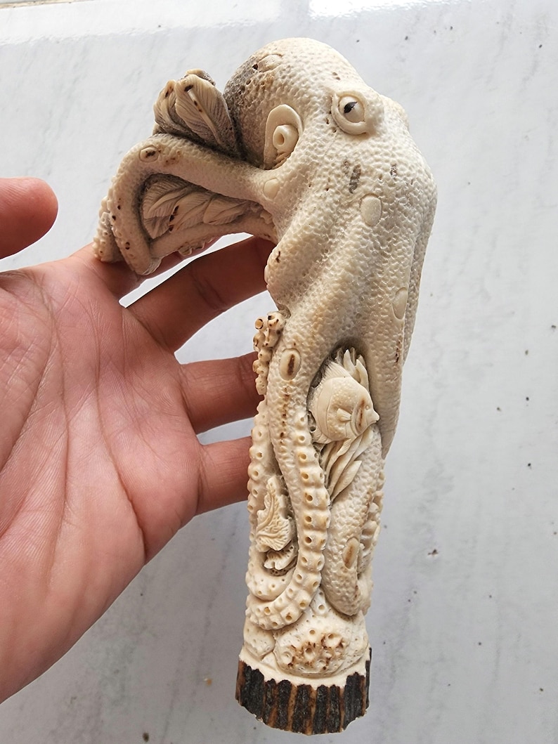 May include: A carved ivory-colored octopus figurine with detailed tentacles and a textured surface. The octopus is sculpted with a fish and other sea life. The base is a dark brown color.