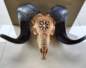 Carved Ram Skull: Viking Decor with Long Horns