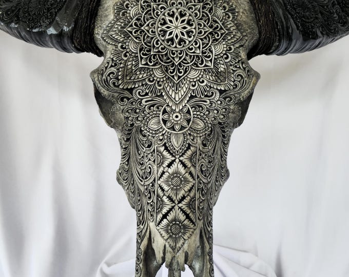 carved buffalo skull and horn mandala grey