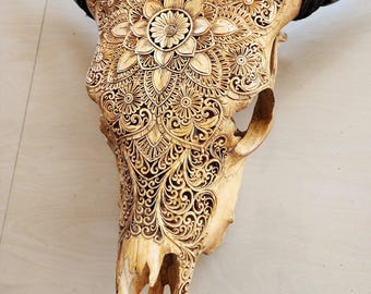 Hand Carved Cow Skull Mandala Wall Art | Boho Western Decor | Real Bone Skull Sculpture