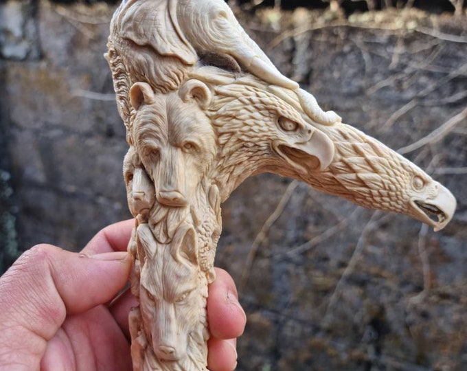 Deer antler carving cane handle walking stick