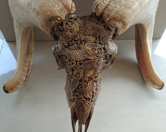 ram skull sheep skull carving koi japan style