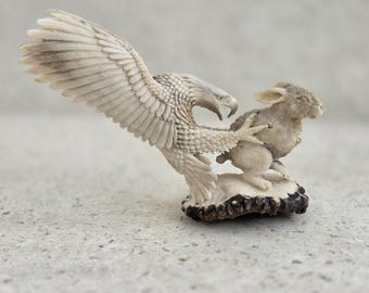 Hand Carved Eagle with Rabbit Sculpture • Symbolic Animal Art Figurine • Unique Handmade Home Decor