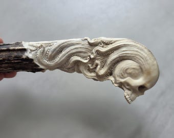 Hand Carved Deer Antler Knife Handle – Skull & Octopus Tentacle Design – Natural Stag Crown