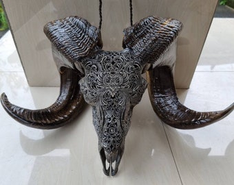 Hand Carved Ram Skull Wall Art | Gothic Tribal floral Skull |