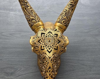 Carved goat Skull – Golden Mandala Design