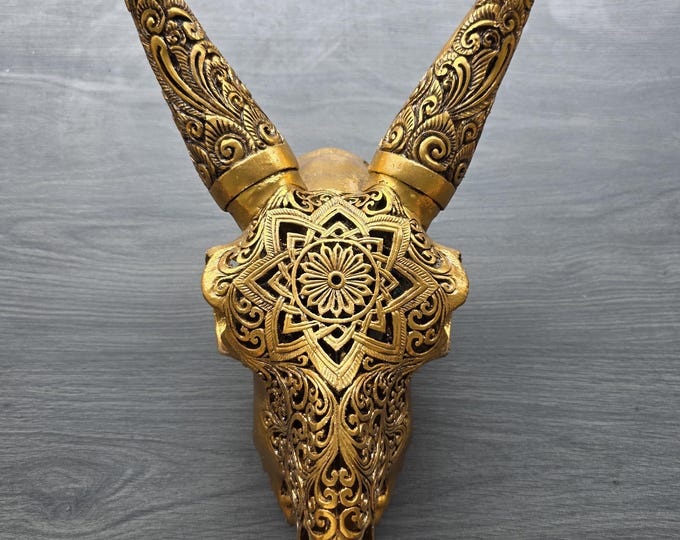 Carved goat Skull – Golden Mandala Design