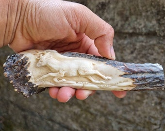 Deer antler carving knife handle deer relieft
