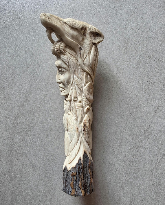 Hand Carved Bone Handle – Tribal Warrior Figure – Antique Style Cane or Knife Handle