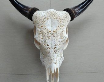 carved cow skull lotus white