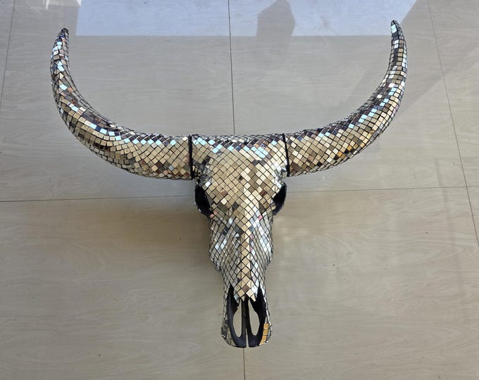 Mirror Mosaic Buffalo Skull Wall Art – Handmade Reflective Boho Decor