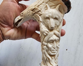 2 pieces Carved Antler Cane Handle – Eagle, Wolf & Native Elder Design