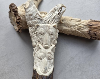 Hand Carved Deer Antler Knife Handle – Wolf Bear Eagle Totem Knife Making Supply