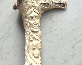 Hand Carved Deer Antler Cane Handle – Wolf, Chief, Eagle Designs