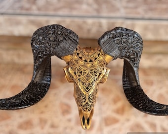 Carve ram skull half mandala bronze