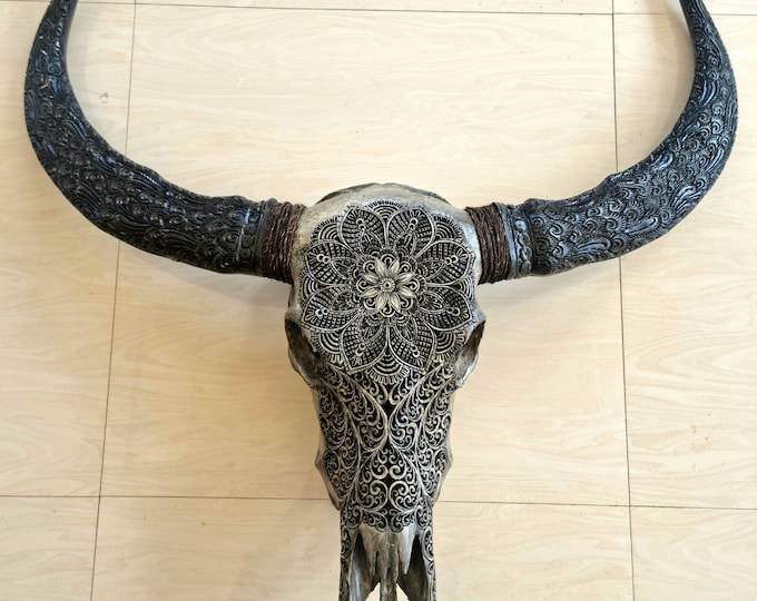 Carve buffalo skull carving mandala leaf with carved horn
