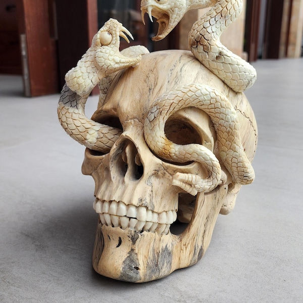 Hand Carved Wood Skull Sculpture: Snake Fighting Art, Gothic Decor